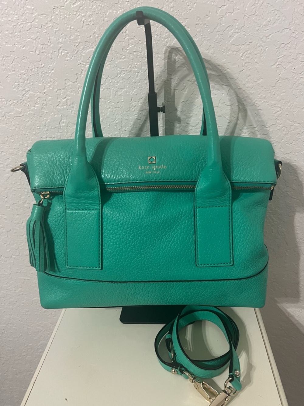 Kate Spade Teal Leather Satchel with Tassel and Detachable Strap
